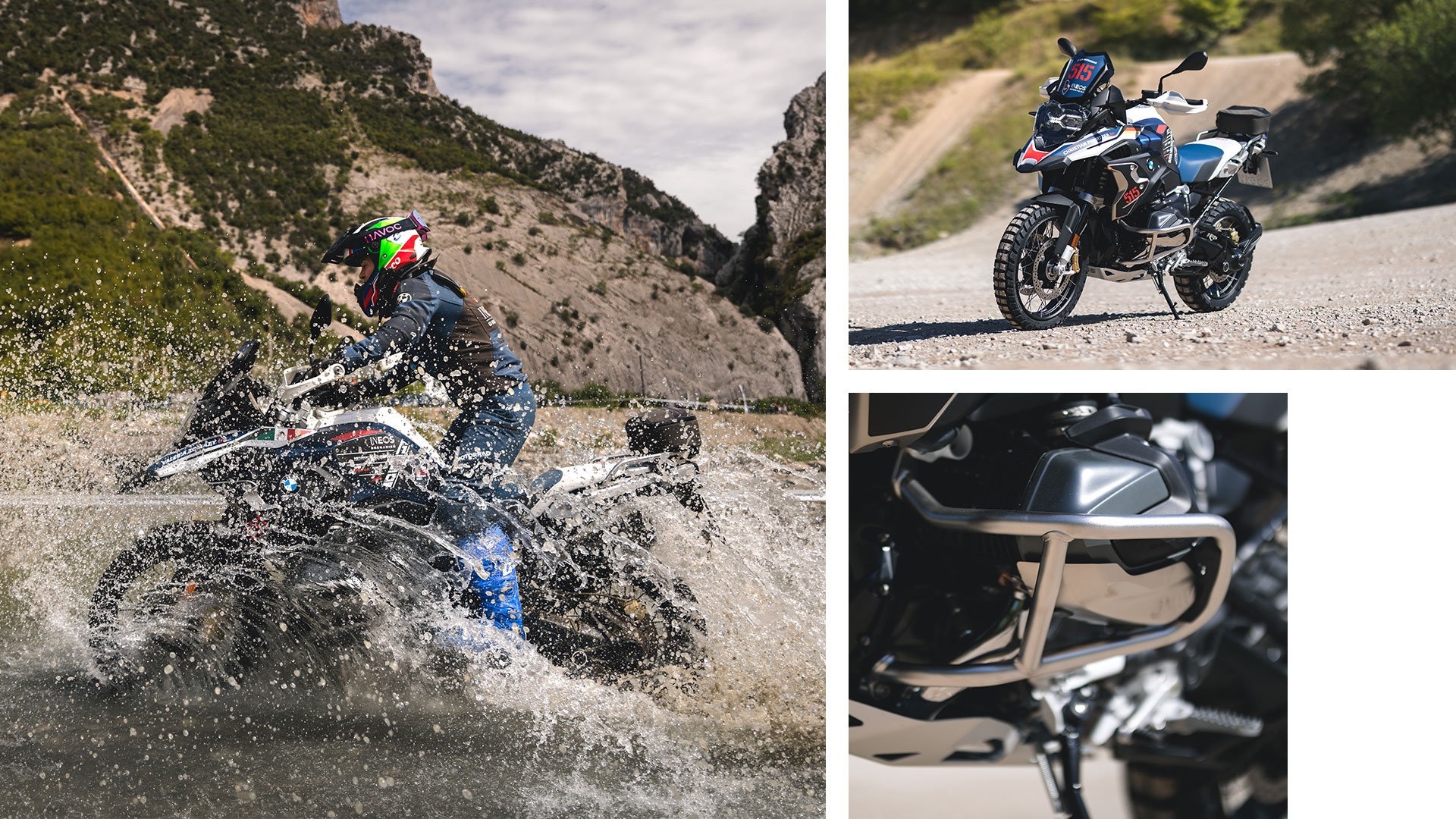 Das GS Trophy Bike aus verschiedenen Perspektiven und bei voller Fahrt durch Wasser.