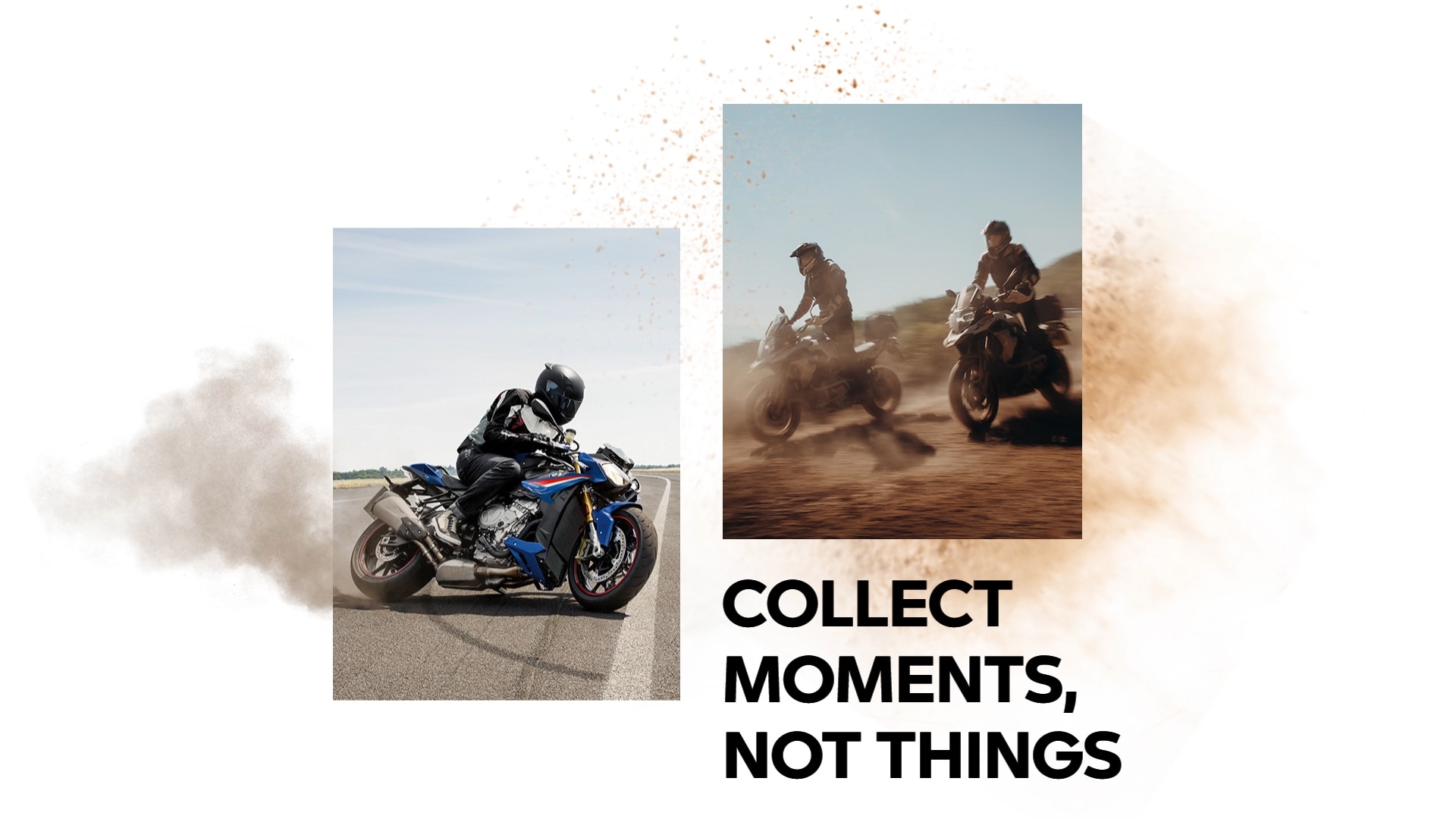 Ein BMW Motorrad Rennfahrer auf einer Rennstrecke. Zwei BMW Motorrad Fahrer auf sandigem Untergrund.