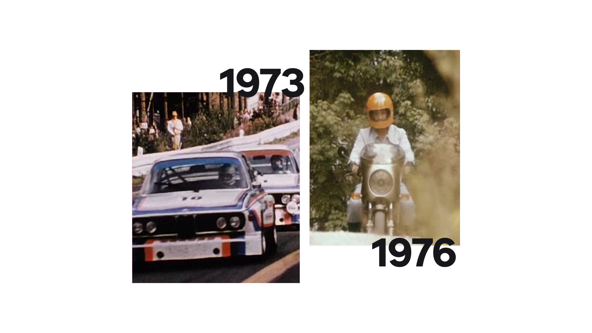 Links eine historische Aufnahme des BMW 3.0 CSL, rechts die BMW R 90 S von Helmut Dähne.