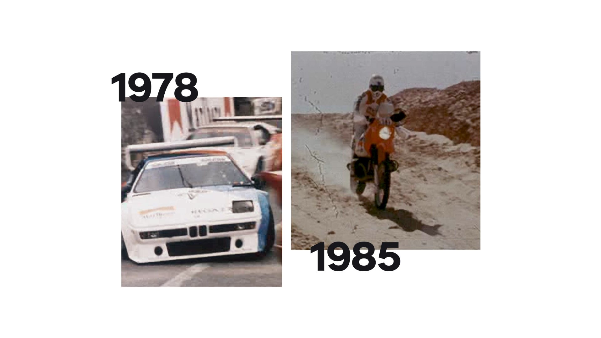 Links eine historische Aufnahme des BMW M1, rechts die legendäre Rallye Paris Dakar Maschine.