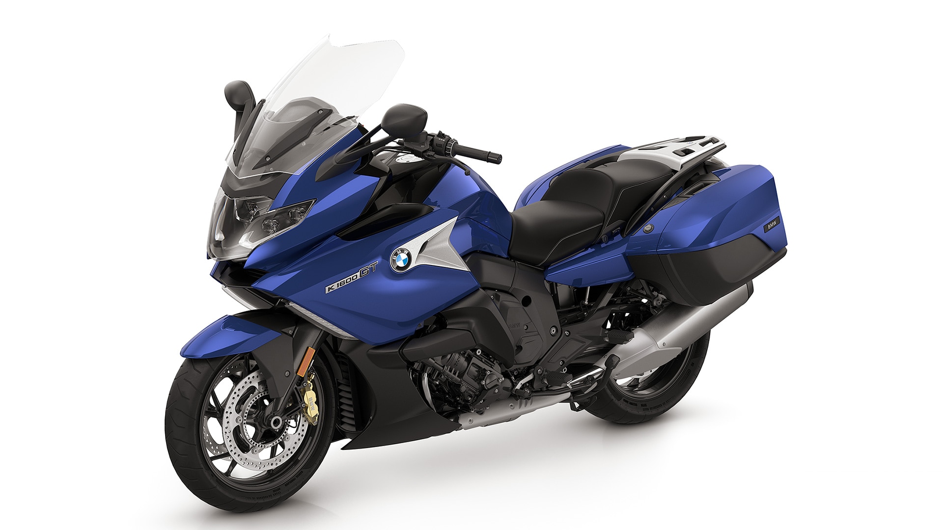 K 1600 GT in Lightwhite uni/Racingblue metallic/ Racingred uni.