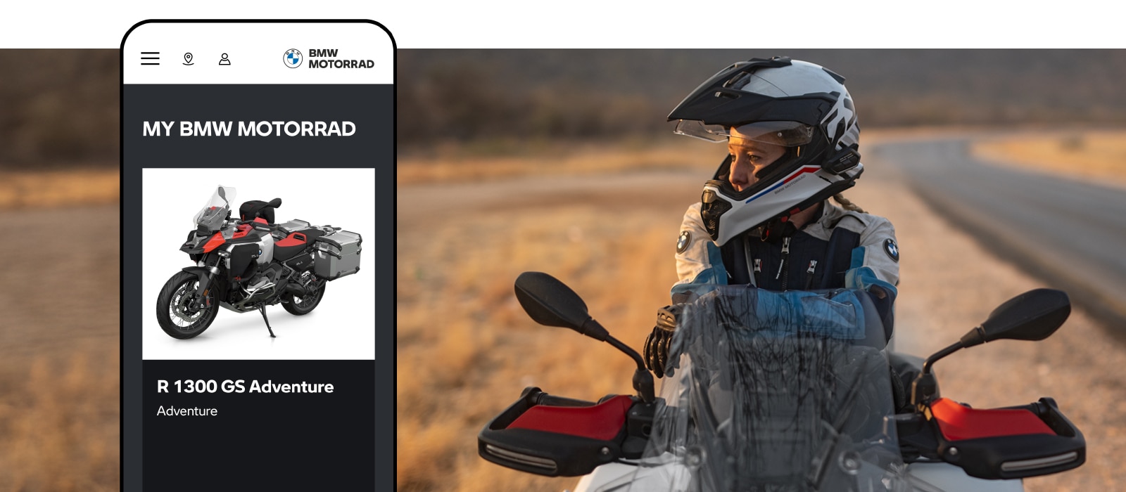 Eine Fahrerin auf einem BMW Motorrad. Links ein Mobile Mockup von BMW Motorrad CarData